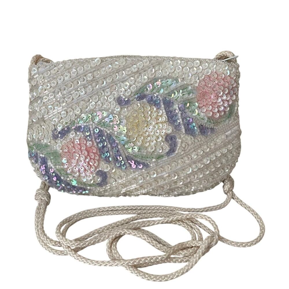 Womens Vintage Sequin Beads Flowers White Purple Shoulder Bag